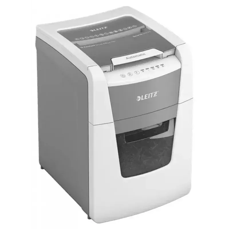 Destructora de papel LEITZ IQ Autofeed Small Office 100, corte cruzado P-4, 8 hojas, 22 cm de entrada, depósito 34 L, gris