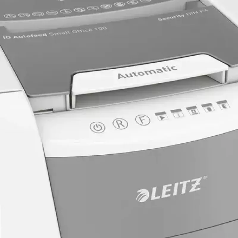 Destructora de papel LEITZ IQ Autofeed Small Office 100, corte cruzado P-4, 8 hojas, 22 cm de entrada, depósito 34 L, gris