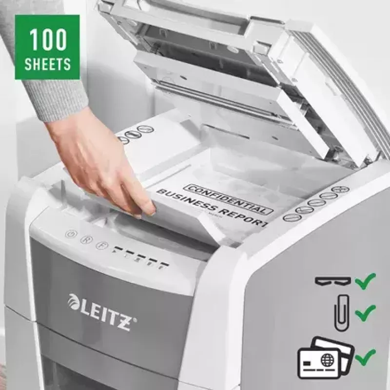 Destructora de papel LEITZ IQ Autofeed Small Office 100, corte cruzado P-4, 8 hojas, 22 cm de entrada, depósito 34 L, gris