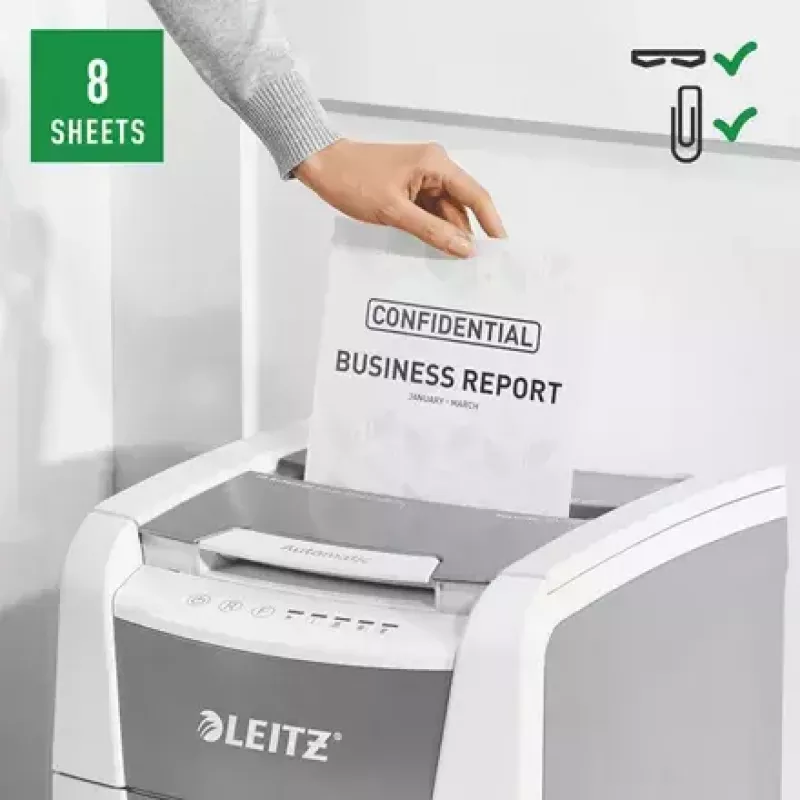 Destructora de papel LEITZ IQ Autofeed Small Office 100, corte cruzado P-4, 8 hojas, 22 cm de entrada, depósito 34 L, gris