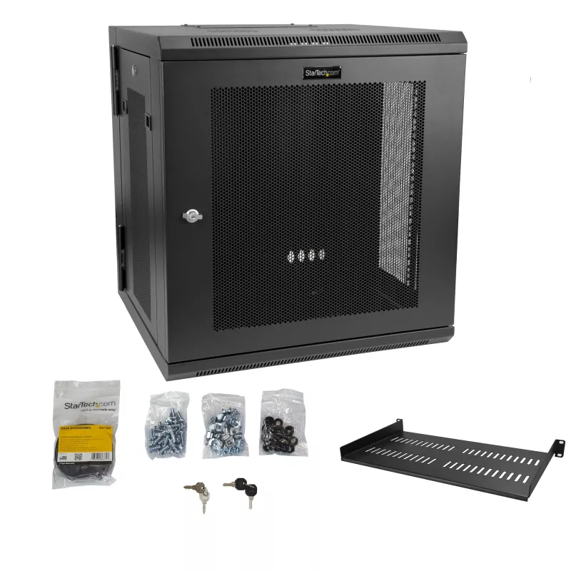 StarTech.com armario de red de montaje en pared 4 postes 12U con bandeja 1U, rack de servidor de pared abatible de 19