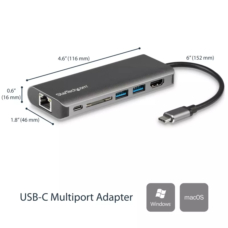 Adaptador multipuerto USB-C StarTech.com, dock USB-C portátil a HDMI 4K, hub USB 3.0 de 2 puertos, SD/SDHC, GbE, 60W PD Pass-Through - USB Type-C/Thunderbolt 3 - SUSTITUIDO POR DKT30CHSDPD1