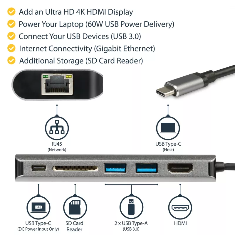 Adaptador multipuerto USB-C StarTech.com, dock USB-C portátil a HDMI 4K, hub USB 3.0 de 2 puertos, SD/SDHC, GbE, 60W PD Pass-Through - USB Type-C/Thunderbolt 3 - SUSTITUIDO POR DKT30CHSDPD1