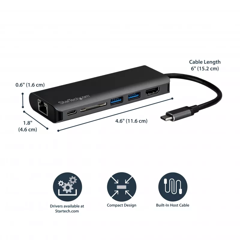 Adaptador multipuerto USB-C StarTech.com, dock USB-C portátil a HDMI 4K, hub USB 3.0 de 2 puertos, SD/SDHC, GbE, 60W PD Pass-Through - USB Type-C/Thunderbolt 3 - SUSTITUIDO POR DKT30CHSDPD1