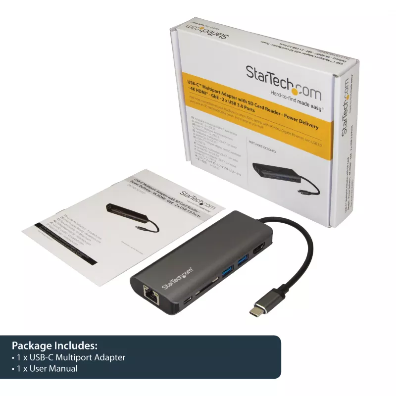 Adaptador multipuerto USB-C StarTech.com, dock USB-C portátil a HDMI 4K, hub USB 3.0 de 2 puertos, SD/SDHC, GbE, 60W PD Pass-Through - USB Type-C/Thunderbolt 3 - SUSTITUIDO POR DKT30CHSDPD1