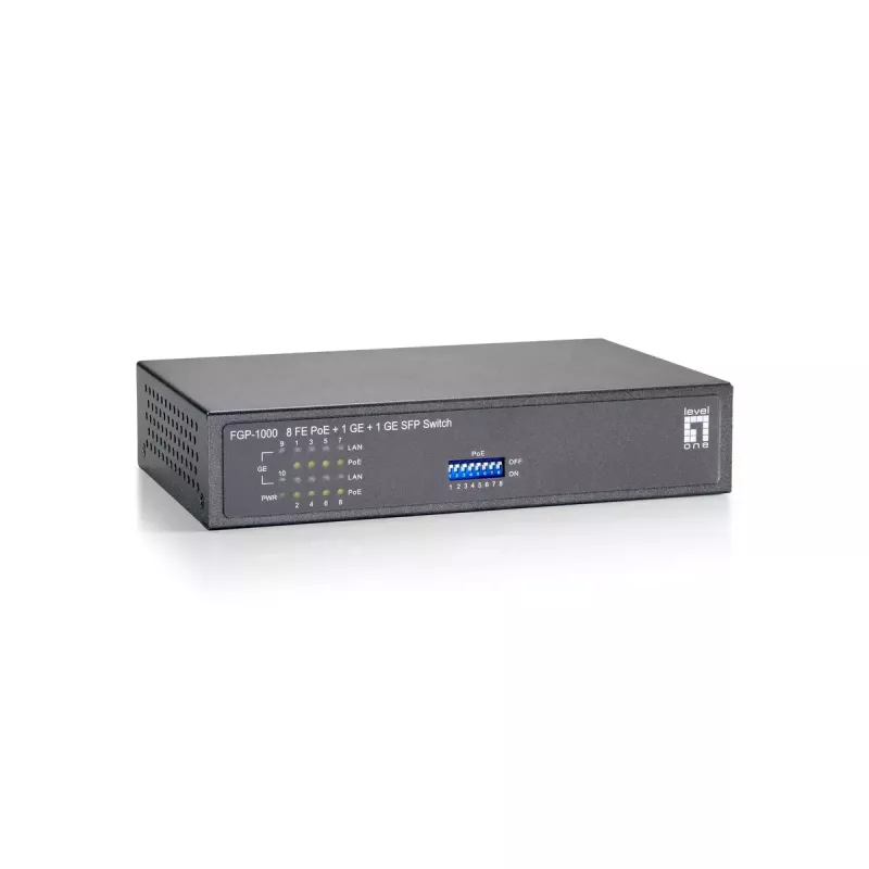 Switch PoE LevelOne de 10 puertos Fast Ethernet, 1 x Gigabit RJ45, 1 x Gigabit SFP, 8 salidas PoE, 90 W