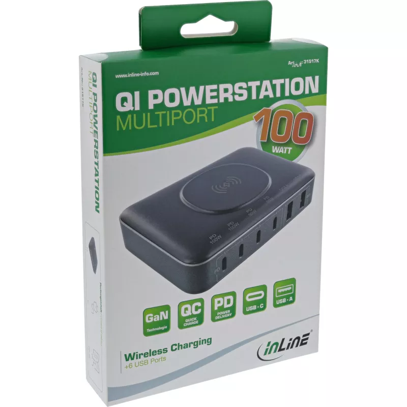 InLine Qi Powerstation Multiport cargador, 4x USB-C + 2x USB-A, GaN 100 W, carga inalámbrica 15 W, negro (31517K)