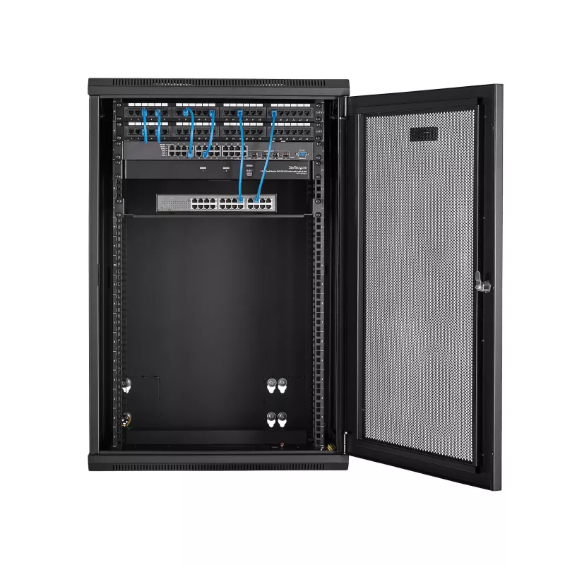 Armario de red de montaje en pared StarTech.com 4 postes 18U con bandeja 1U, rack de servidor de pared abatible de 19 pulgadas para equipos de datos/AV/electrónica/informática, carcasa de rack ventilada flexible
