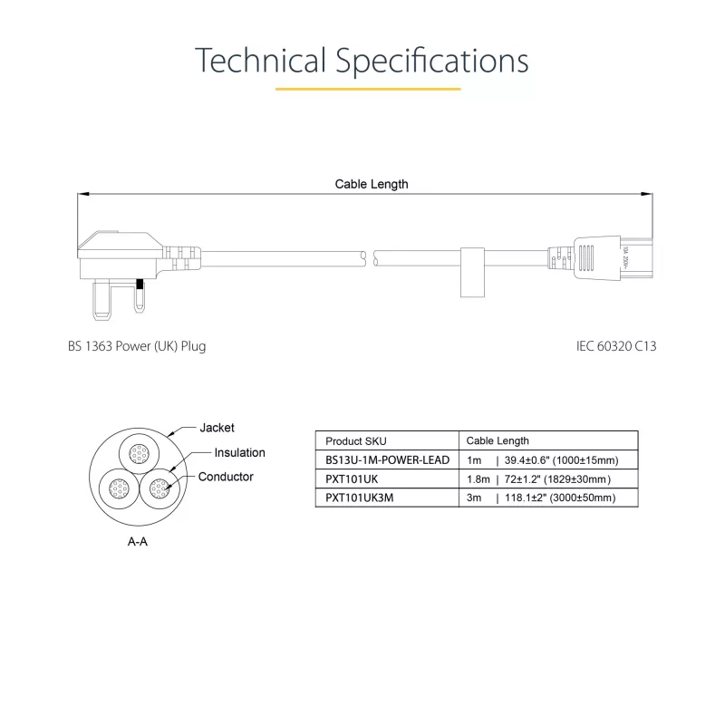 Cable de alimentación de ordenador UK StarTech.com de 10ft (3m), 18AWG, BS 1363 a C13, 10A 250V, cable de alimentación de repuesto negro, cable de alimentación UK / cable de alimentación de PC, cable de alimentación de TV/monitor