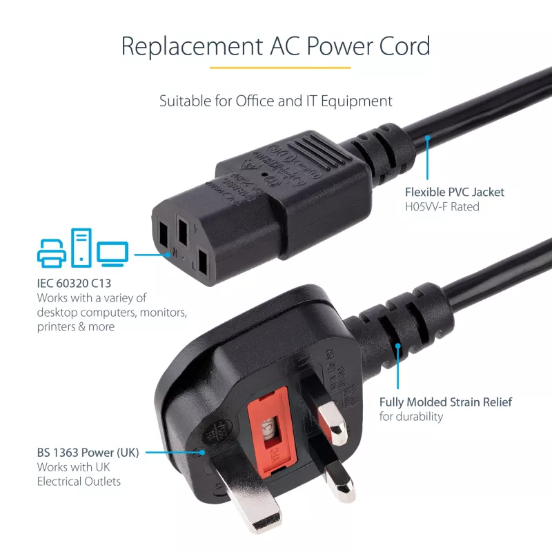 Cable de alimentación de ordenador UK StarTech.com de 10ft (3m), 18AWG, BS 1363 a C13, 10A 250V, cable de alimentación de repuesto negro, cable de alimentación UK / cable de alimentación de PC, cable de alimentación de TV/monitor