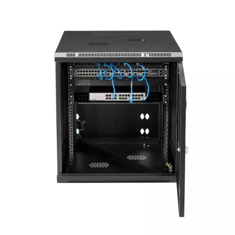 Armario de red de montaje en pared StarTech.com 4 postes 12U con estante 1U, rack de servidor de pared abatible de 19 pulgadas para equipos de datos / AV / electrónica / informática, carcasa de rack ventilada flexible