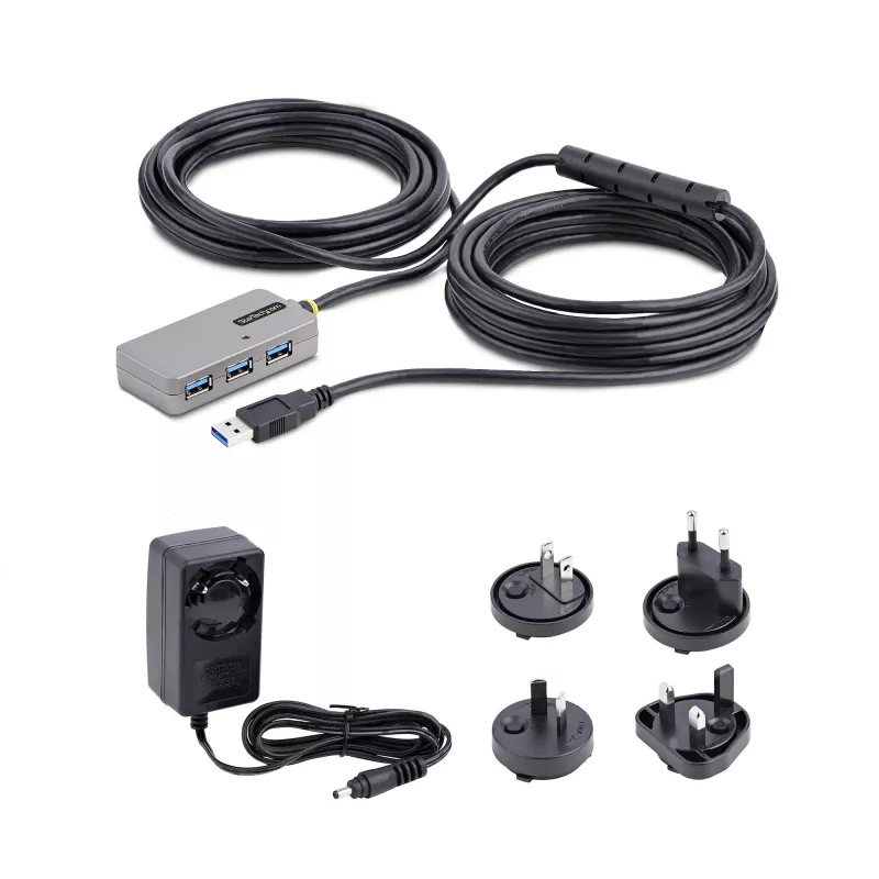 Hub extensor USB StarTech.com, cable de extensión USB 3.0 de 10m con hub USB-A de 4 puertos, cable repetidor USB activo/alimentado por bus, fuente de alimentación de 20W opcional incluida, protección ESD