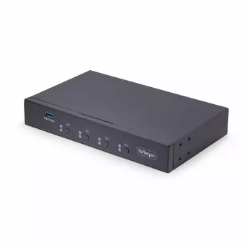 Conmutador KM de 4 puertos StarTech.com con conmutación de ratón, conmutador USB para teclado/ratón, audio de 3,5mm/USB, uso compartido de periféricos para 4 ordenadores, conforme a TAA