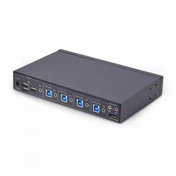 Conmutador KM de 4 puertos StarTech.com con conmutación de ratón, conmutador USB para teclado/ratón, audio de 3,5mm/USB, uso compartido de periféricos para 4 ordenadores, conforme a TAA