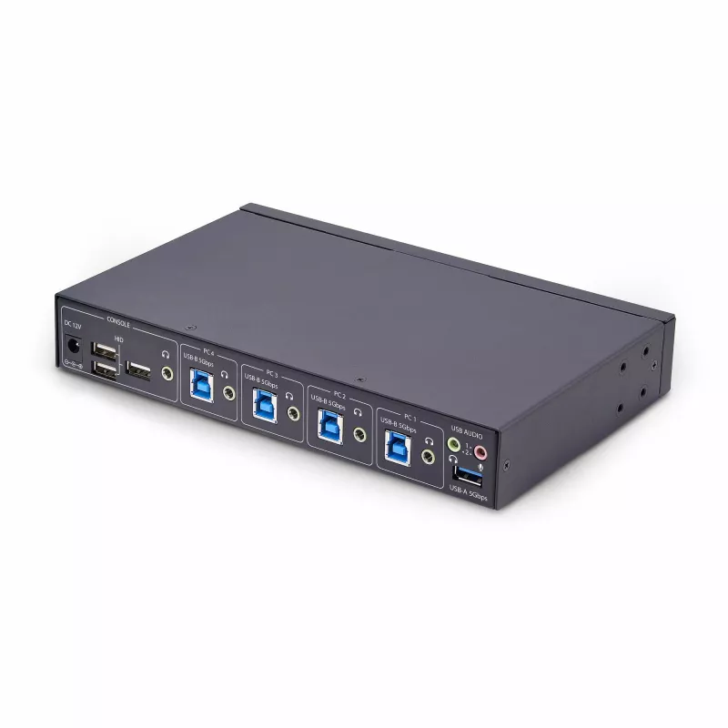 Conmutador KM de 4 puertos StarTech.com con conmutación de ratón, conmutador USB para teclado/ratón, audio de 3,5mm/USB, uso compartido de periféricos para 4 ordenadores, conforme a TAA
