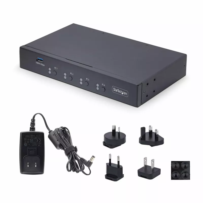 Conmutador KM de 4 puertos StarTech.com con conmutación de ratón, conmutador USB para teclado/ratón, audio de 3,5mm/USB, uso compartido de periféricos para 4 ordenadores, conforme a TAA