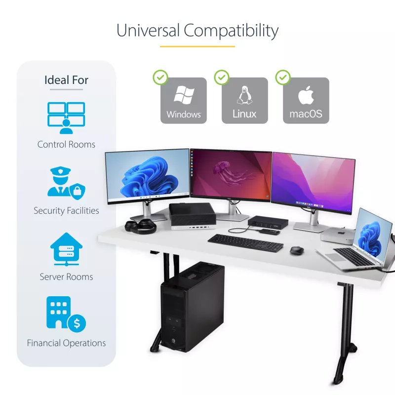 Conmutador KM de 4 puertos StarTech.com con conmutación de ratón, conmutador USB para teclado/ratón, audio de 3,5mm/USB, uso compartido de periféricos para 4 ordenadores, conforme a TAA