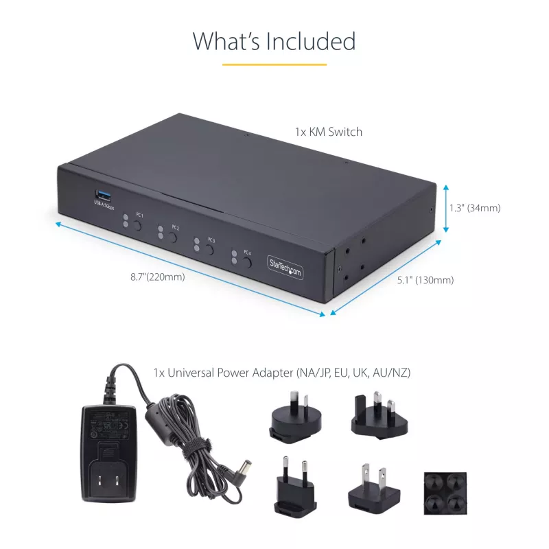 Conmutador KM de 4 puertos StarTech.com con conmutación de ratón, conmutador USB para teclado/ratón, audio de 3,5mm/USB, uso compartido de periféricos para 4 ordenadores, conforme a TAA