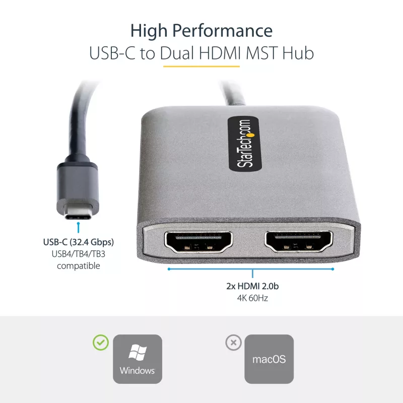 Hub MST USB-C a doble HDMI StarTech.com - Doble HDMI 4K 60Hz - Adaptador multipantalla USB Type-C para portátil con cable de 30cm - Hub de transporte multi-stream DP 1.4 - Splitter USB-C a HDMI