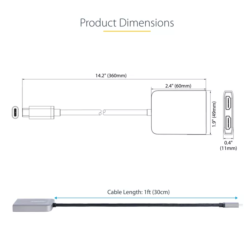 Hub MST USB-C a doble HDMI StarTech.com - Doble HDMI 4K 60Hz - Adaptador multipantalla USB Type-C para portátil con cable de 30cm - Hub de transporte multi-stream DP 1.4 - Splitter USB-C a HDMI