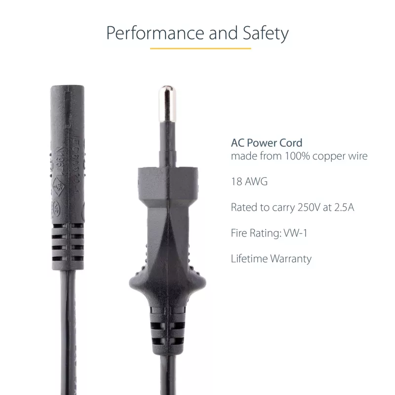 Cable de alimentación para portátil StarTech.com de 1m (3ft), enchufe EU a C7, 2,5A 250V, 18AWG, cable de repuesto para portátil, cable de alimentación para impresora, cable de carga para portátil, cable de fuente de alimentación para portátil – listado UL