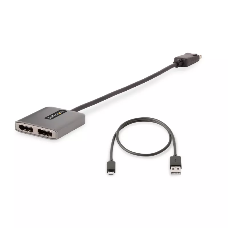 StarTech.com hub DisplayPort MST de 2 puertos, doble 4K 60Hz, adaptador DP a 2x monitor DisplayPort, adaptador de vídeo multipantalla DP 1.4, cable integrado de 30 cm, alimentado por USB, solo Windows