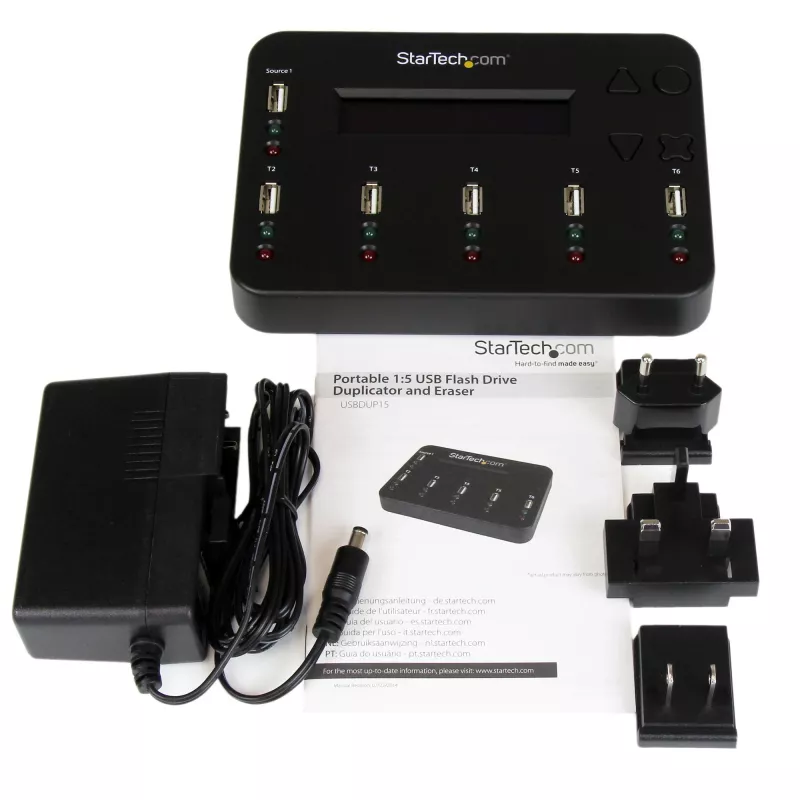 StarTech.com duplicador y borrador de memorias USB independiente de 1 a 5, copiador de unidades flash USB múltiples, copia de sistema y archivos y de unidad completa a 1,5 GB/min, borrado individual y de 3 pasadas, pantalla LCD – TAA