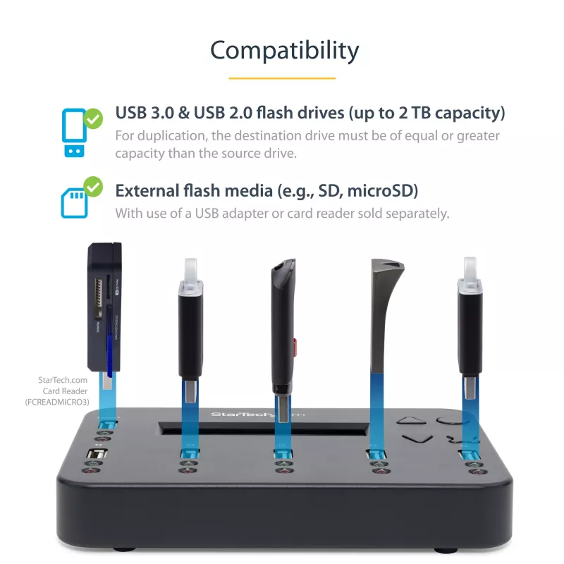 StarTech.com duplicador y borrador de memorias USB independiente de 1 a 5, copiador de unidades flash USB múltiples, copia de sistema y archivos y de unidad completa a 1,5 GB/min, borrado individual y de 3 pasadas, pantalla LCD – TAA