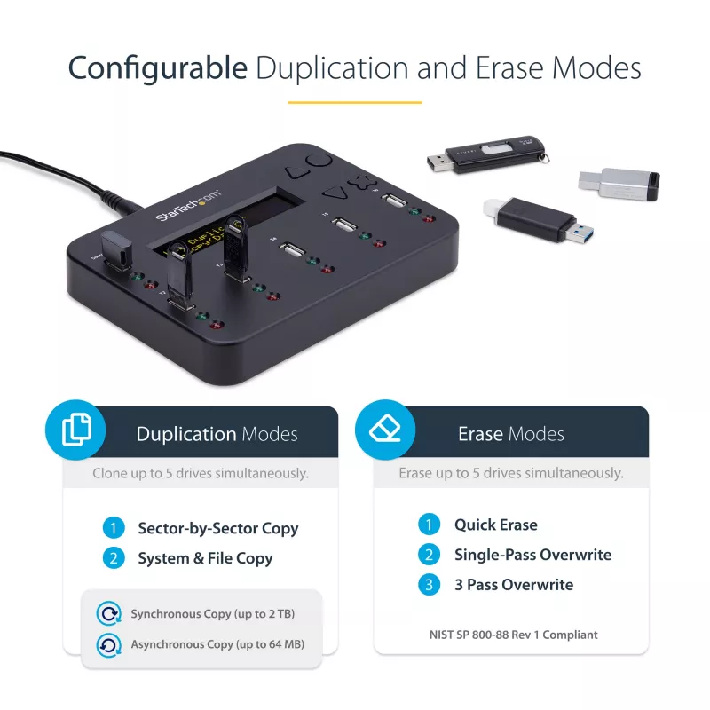 StarTech.com duplicador y borrador de memorias USB independiente de 1 a 5, copiador de unidades flash USB múltiples, copia de sistema y archivos y de unidad completa a 1,5 GB/min, borrado individual y de 3 pasadas, pantalla LCD – TAA
