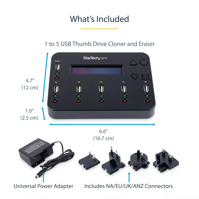 StarTech.com duplicador y borrador de memorias USB independiente de 1 a 5, copiador de unidades flash USB múltiples, copia de sistema y archivos y de unidad completa a 1,5 GB/min, borrado individual y de 3 pasadas, pantalla LCD – TAA