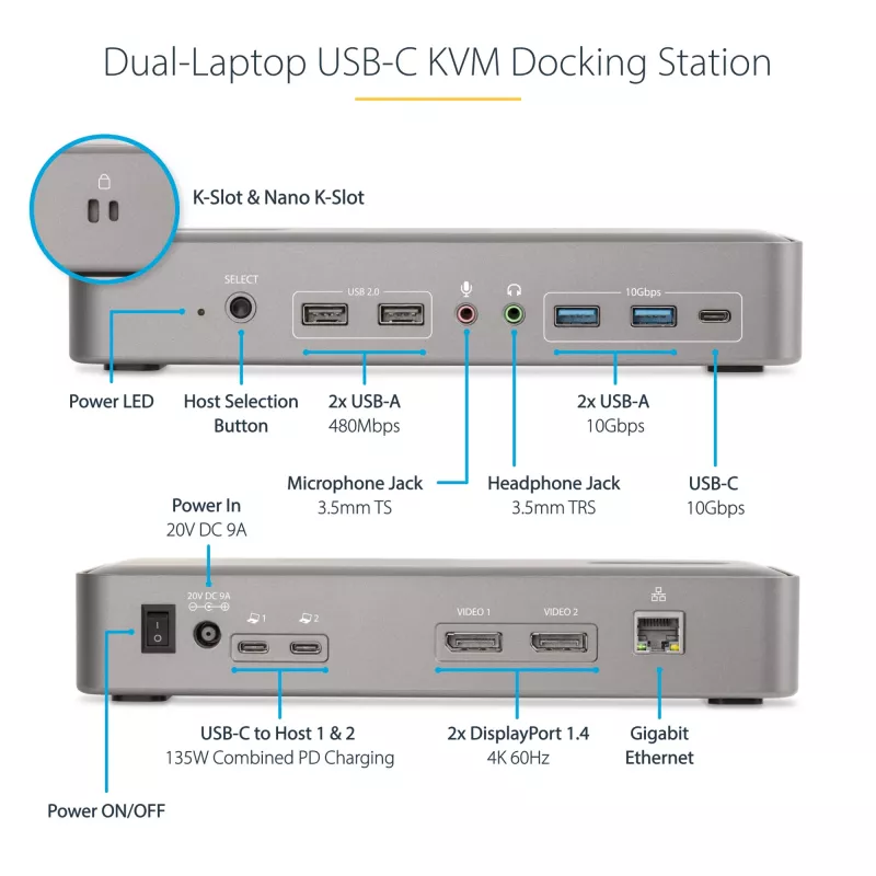 StarTech.com estación de acoplamiento KVM USB-C para dos portátiles, dock DisplayPort de doble monitor 4K 60Hz, hub USB de 5 puertos, GbE, Power Delivery de 90W/45W a dos portátiles, Windows/Mac, dock KVM de 2 hosts - TAA