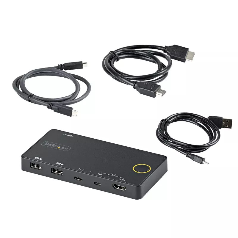 StarTech.com switch KVM híbrido USB-A + HDMI y USB-C de 2 puertos - monitor único HDMI 2.0 4K 60Hz - switch KVM HDMI compacto para sobremesa y/o portátil - alimentado por bus USB - compatible con Thunderbolt 3