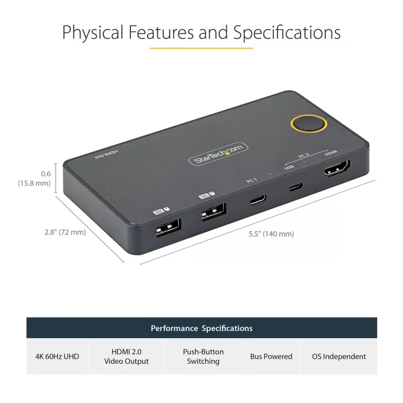 StarTech.com switch KVM híbrido USB-A + HDMI y USB-C de 2 puertos - monitor único HDMI 2.0 4K 60Hz - switch KVM HDMI compacto para sobremesa y/o portátil - alimentado por bus USB - compatible con Thunderbolt 3