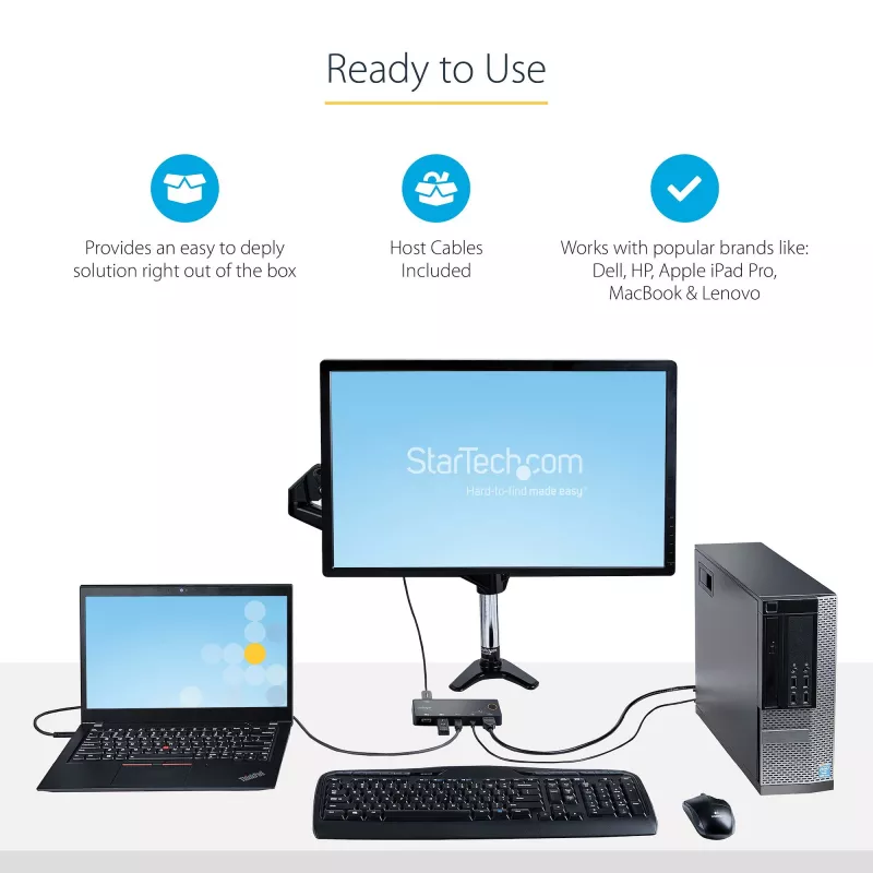 StarTech.com switch KVM híbrido USB-A + HDMI y USB-C de 2 puertos - monitor único HDMI 2.0 4K 60Hz - switch KVM HDMI compacto para sobremesa y/o portátil - alimentado por bus USB - compatible con Thunderbolt 3