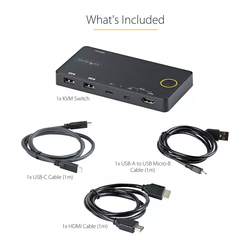StarTech.com switch KVM híbrido USB-A + HDMI y USB-C de 2 puertos - monitor único HDMI 2.0 4K 60Hz - switch KVM HDMI compacto para sobremesa y/o portátil - alimentado por bus USB - compatible con Thunderbolt 3