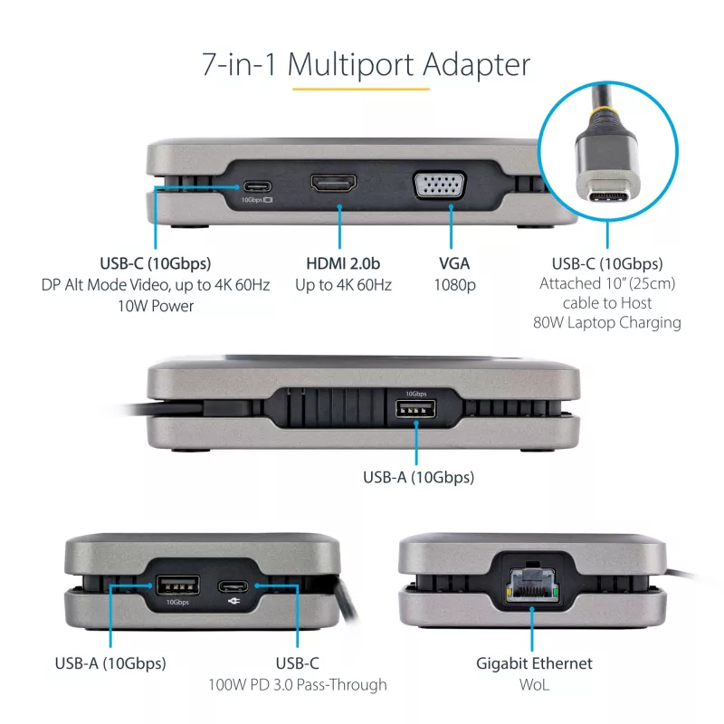 StarTech.com DKM31C3HVCPD adaptador multipuerto USB-C / base de conexión para dos monitores, 4K HDMI 2.0, VGA, vídeo USB-C DP Alt Mode, 100 W PD Pass-Through, 2x USB-A 10 Gbps, GbE, MST, gris