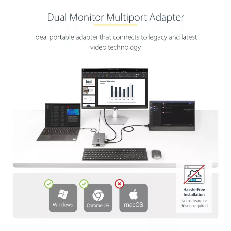 StarTech.com DKM31C3HVCPD adaptador multipuerto USB-C / base de conexión para dos monitores, 4K HDMI 2.0, VGA, vídeo USB-C DP Alt Mode, 100 W PD Pass-Through, 2x USB-A 10 Gbps, GbE, MST, gris