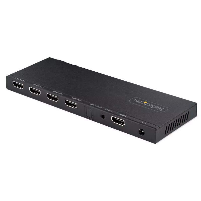 StarTech.com splitter HDMI de 4 puertos, vídeo HDMI 2.0 4K 60Hz, splitter HDMI 4K con escalador integrado, splitter HDMI 1 entrada 4 salidas, conexión de audio de 3,5 mm/óptica, splitter de pantalla/salida HDMI