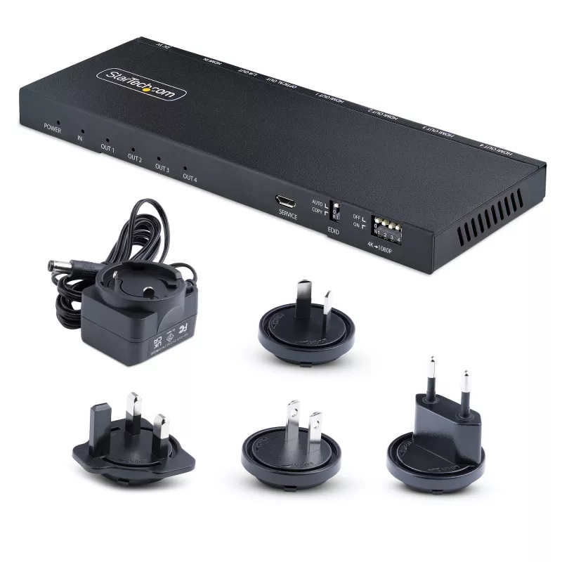 StarTech.com splitter HDMI de 4 puertos, vídeo HDMI 2.0 4K 60Hz, splitter HDMI 4K con escalador integrado, splitter HDMI 1 entrada 4 salidas, conexión de audio de 3,5 mm/óptica, splitter de pantalla/salida HDMI