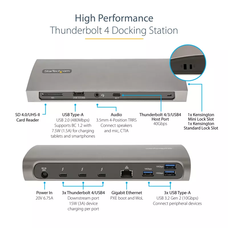 StarTech.com dock Thunderbolt 4, Power Delivery de 96W, único 8K/doble monitor 4K 60Hz, 3xTB4/USB4 puertos, 4xUSB-A, SD, GbE, estación de acoplamiento Thunderbolt 4 para Windows o MacBook TB3, cable de 0,8m