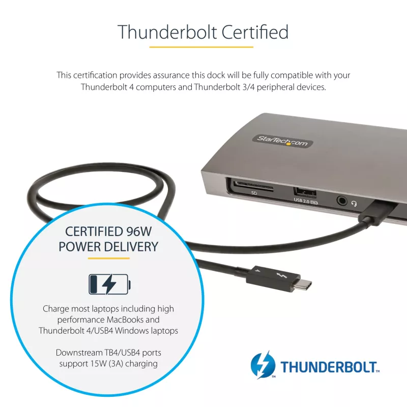 StarTech.com dock Thunderbolt 4, Power Delivery de 96W, único 8K/doble monitor 4K 60Hz, 3xTB4/USB4 puertos, 4xUSB-A, SD, GbE, estación de acoplamiento Thunderbolt 4 para Windows o MacBook TB3, cable de 0,8m