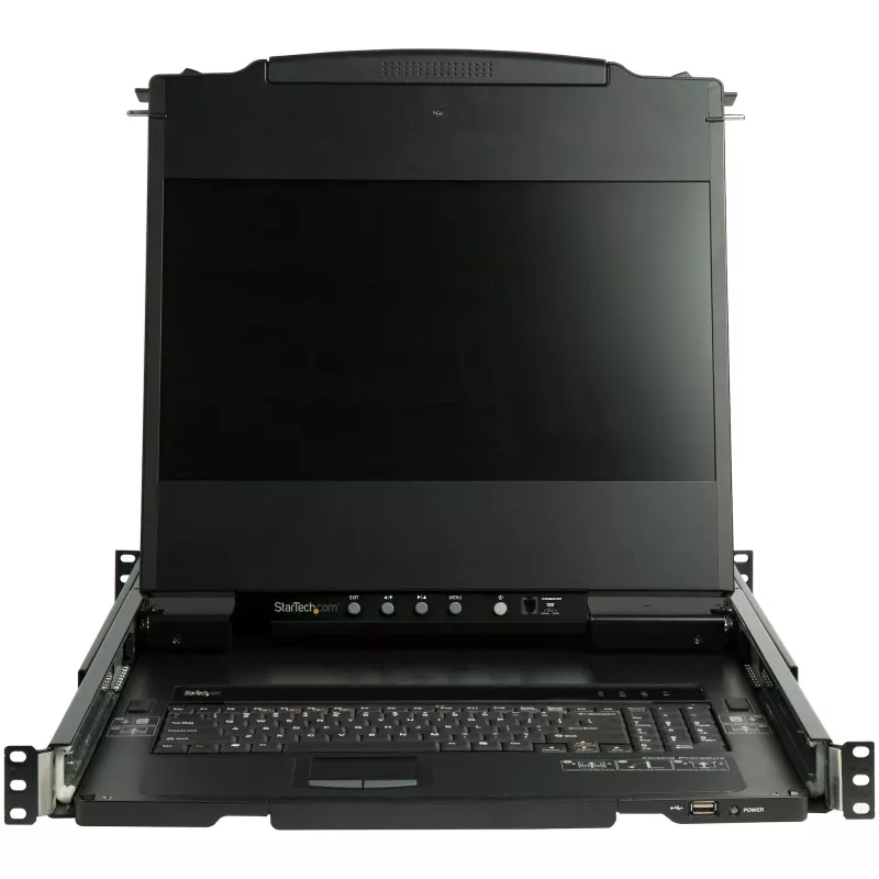 StarTech.com RKCOND17HD consola KVM para rack 1U de doble carril, LCD de 17,3" (43,9 cm) 1920 x 1080, un puerto DVI/VGA, teclado QWERTY de EE. UU., USB, cables incluidos, 44230 MTBF, negra