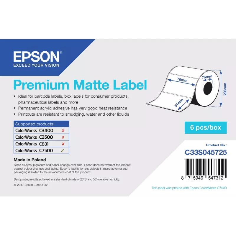 Epson Premium Matte Label - rollo troquelado: 76 mm x 51 mm, 2310 etiquetas