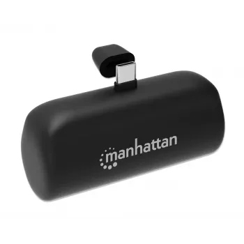 Batería externa Manhattan con conector USB-C integrado, 5000 mAh, hasta 10 W de potencia de salida, soporte para usar como soporte de carga para móvil, negro, un año de garantía