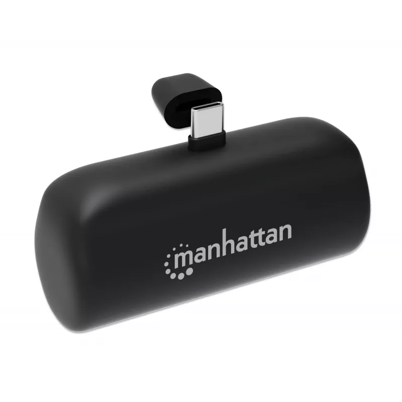 Batería externa Manhattan con conector USB-C integrado, 5000 mAh, hasta 10 W de potencia de salida, soporte para usar como soporte de carga para móvil, negro, un año de garantía
