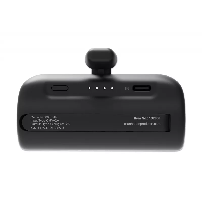 Batería externa Manhattan con conector USB-C integrado, 5000 mAh, hasta 10 W de potencia de salida, soporte para usar como soporte de carga para móvil, negro, un año de garantía