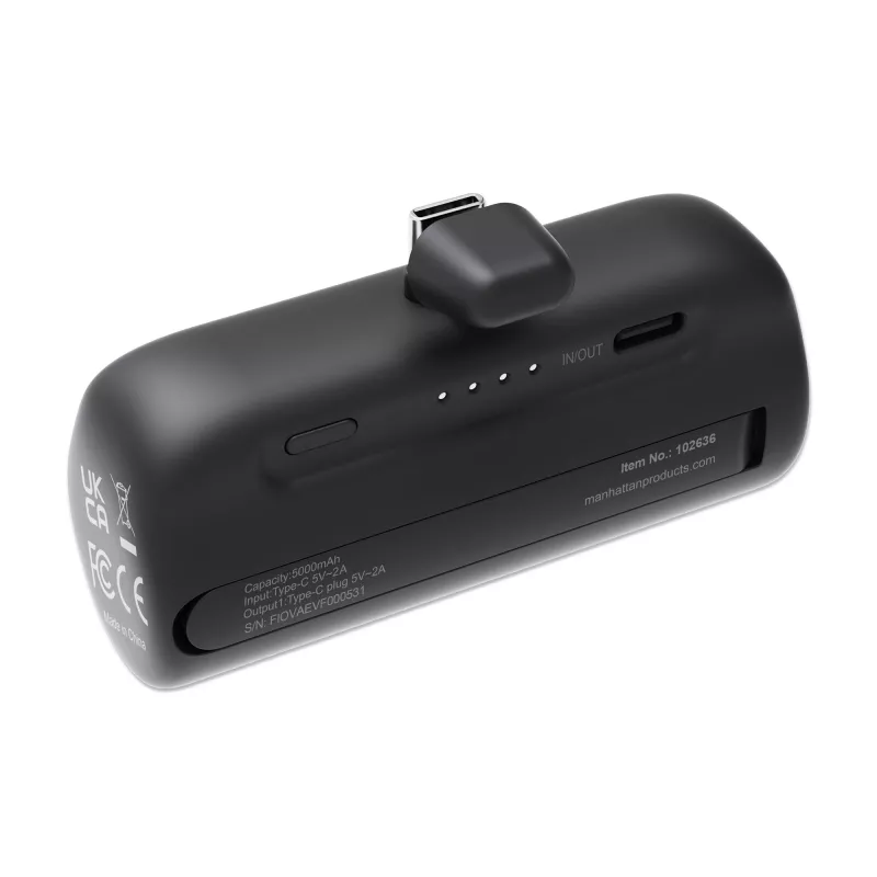 Batería externa Manhattan con conector USB-C integrado, 5000 mAh, hasta 10 W de potencia de salida, soporte para usar como soporte de carga para móvil, negro, un año de garantía
