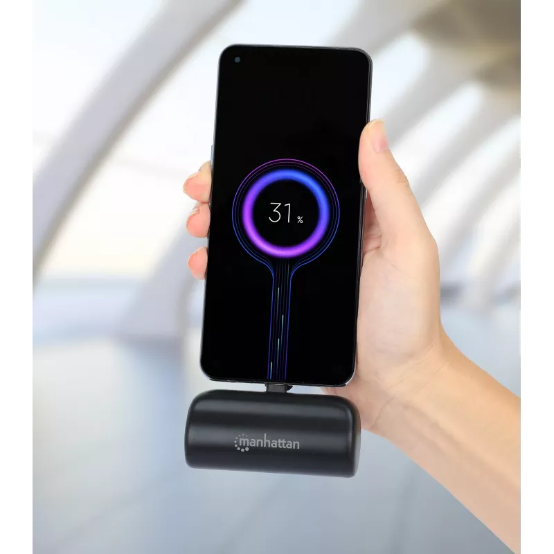 Batería externa Manhattan con conector USB-C integrado, 5000 mAh, hasta 10 W de potencia de salida, soporte para usar como soporte de carga para móvil, negro, un año de garantía