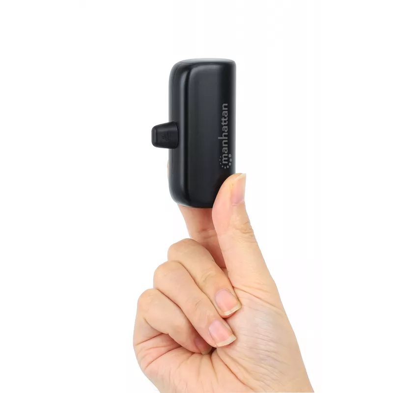 Batería externa Manhattan con conector USB-C integrado, 5000 mAh, hasta 10 W de potencia de salida, soporte para usar como soporte de carga para móvil, negro, un año de garantía