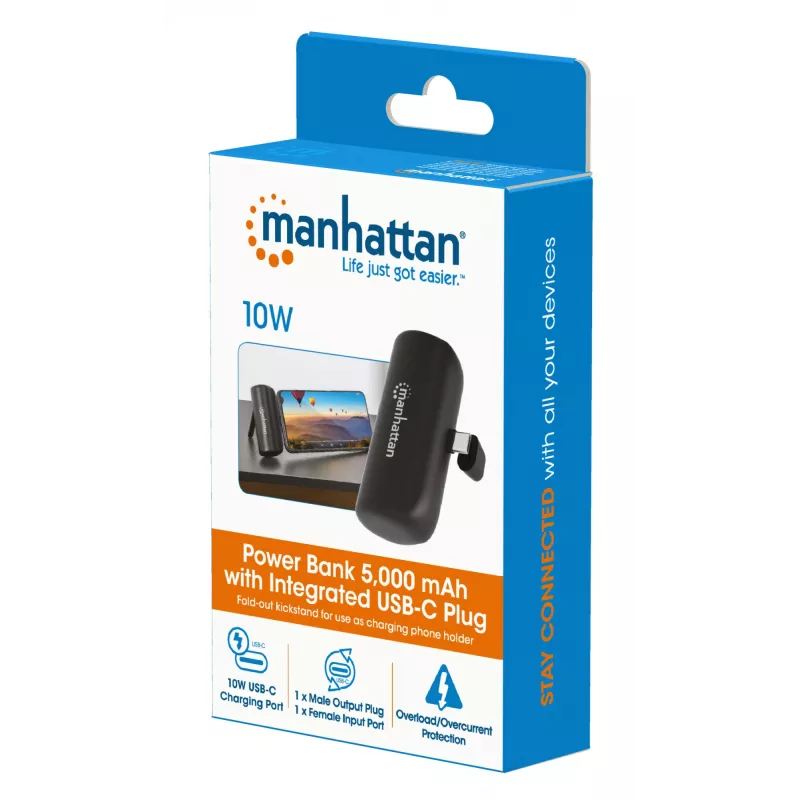 Batería externa Manhattan con conector USB-C integrado, 5000 mAh, hasta 10 W de potencia de salida, soporte para usar como soporte de carga para móvil, negro, un año de garantía